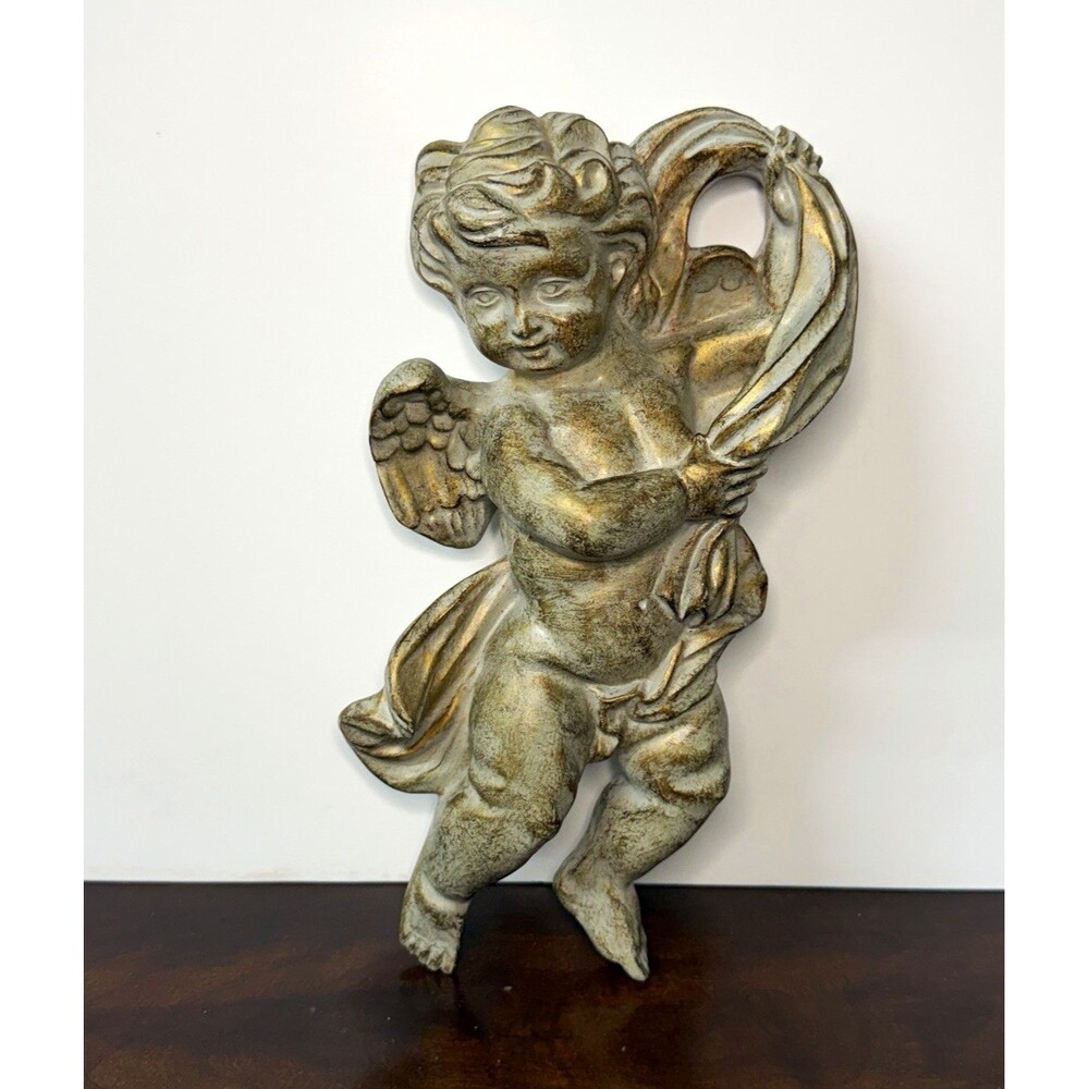 Cherub Angel Wall Decor Gold Ivory Putto Drapery Hanging 10” Figurine